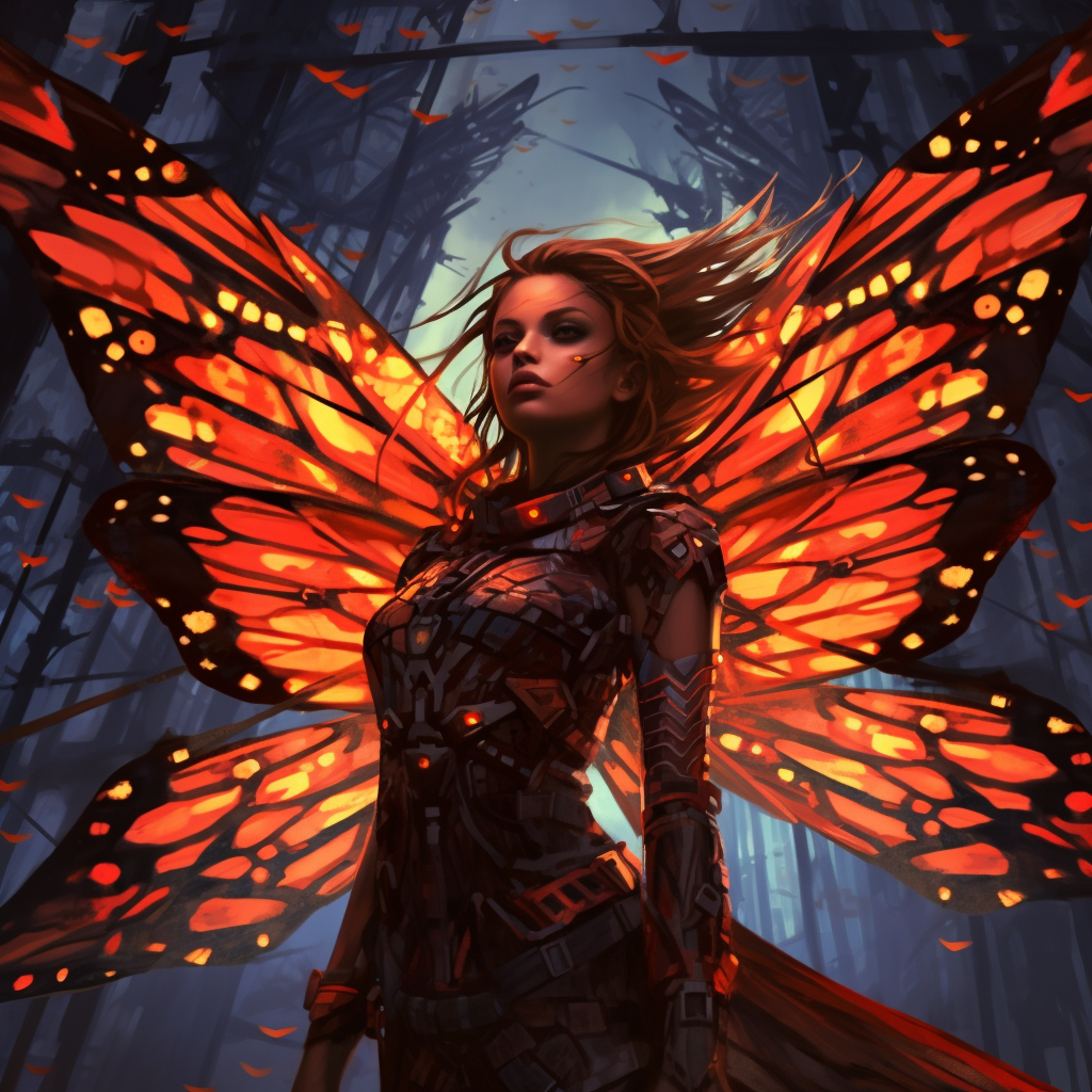 Beautiful girl with cyberpunk arms and butterfly wings