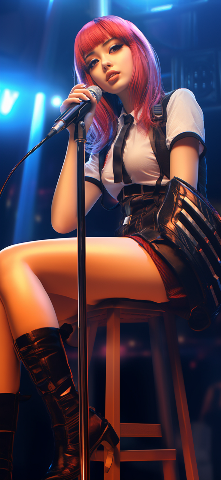 Girl in Cyberpunk Style Sitting by Microphone