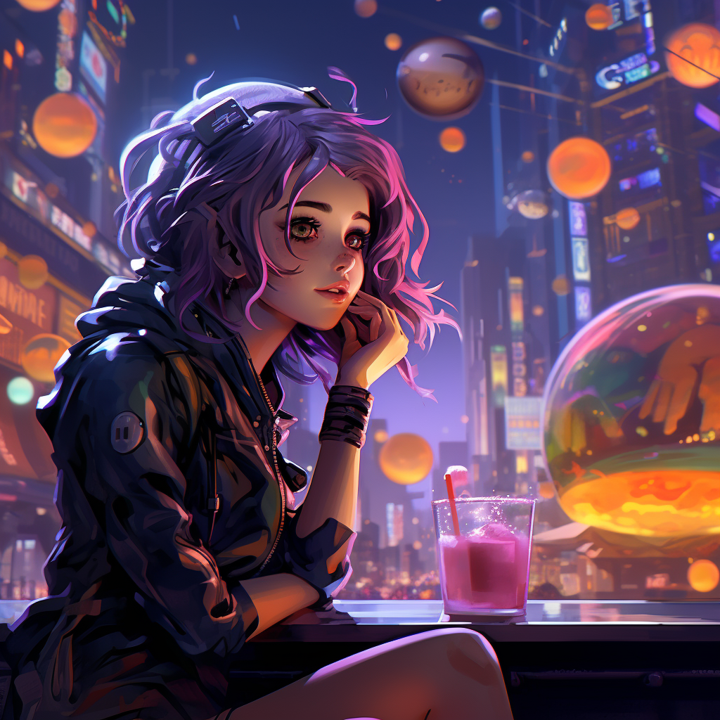 Cyberpunk Girl with Thought Bubble and Eggplant Emoji