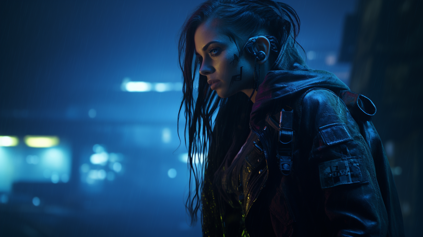 Dynamic street fashion pose in cyberpunk grimdark scene