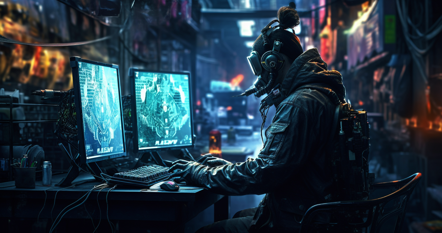 Cyberpunk hacker in military-style attire