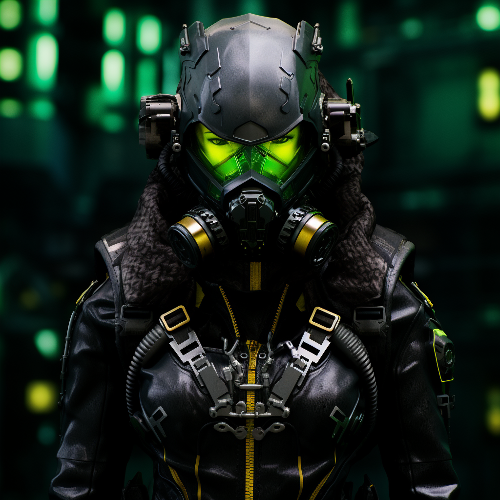 Female wearing cyberpunk hazmat suit with wolf insignia