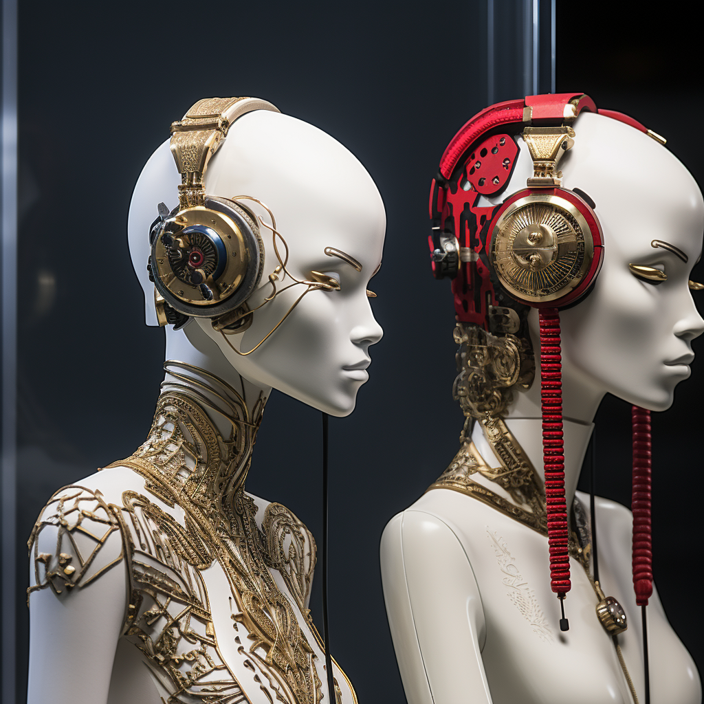 Two cyberpunk mannequins wearing gold jewellery and headphones