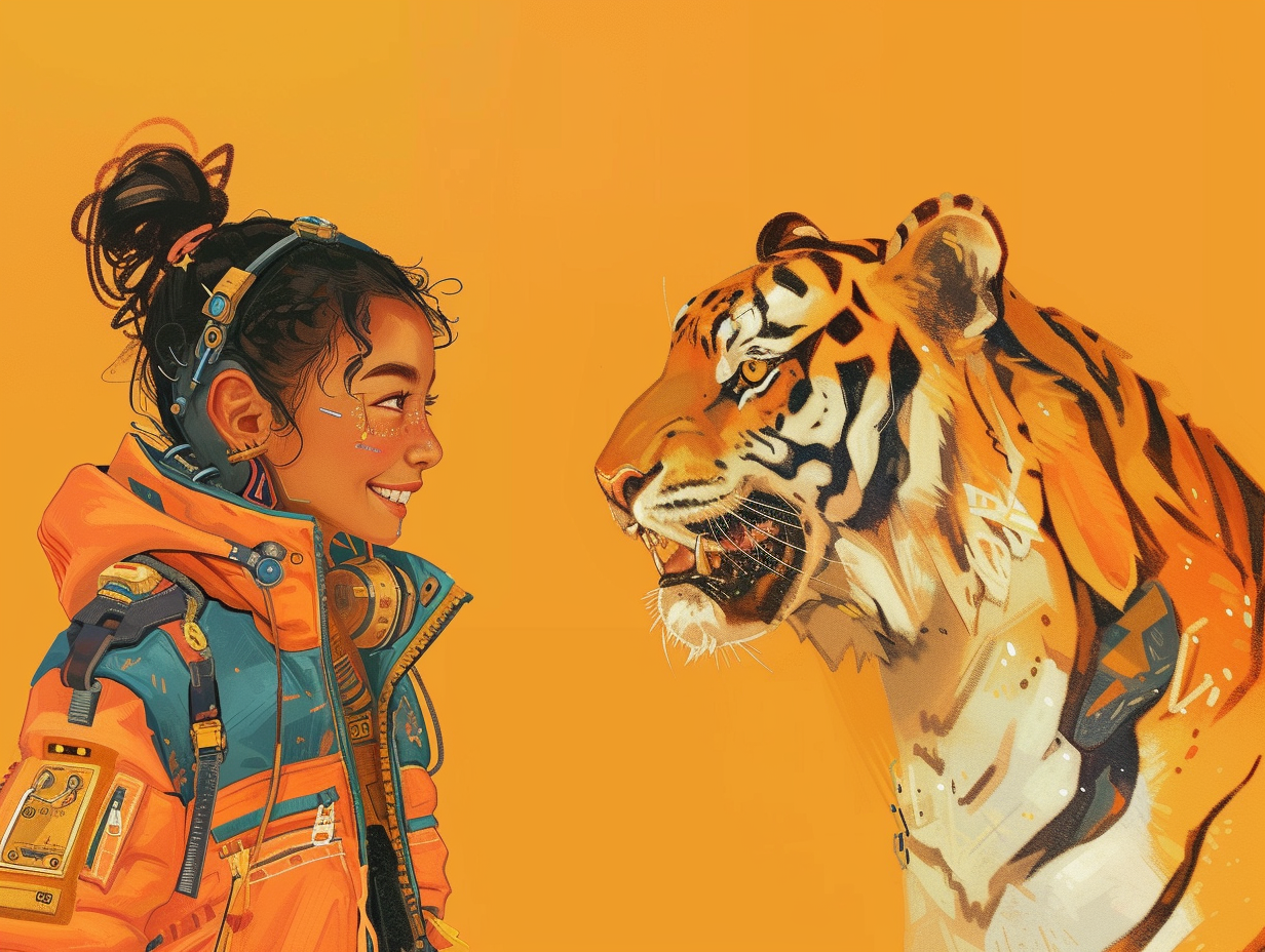 Cyberpunk teenage girl with wise tiger companion