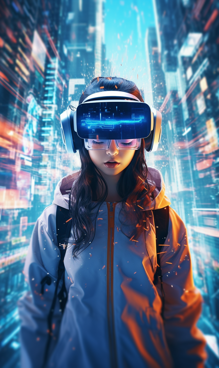 Japanese girl cyberpunk hacker in virtual reality