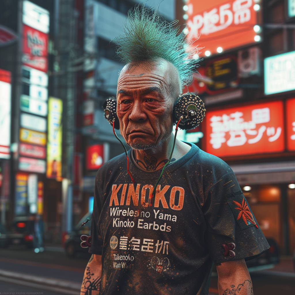 Cyberpunk Japanese man in dystopian metropolis