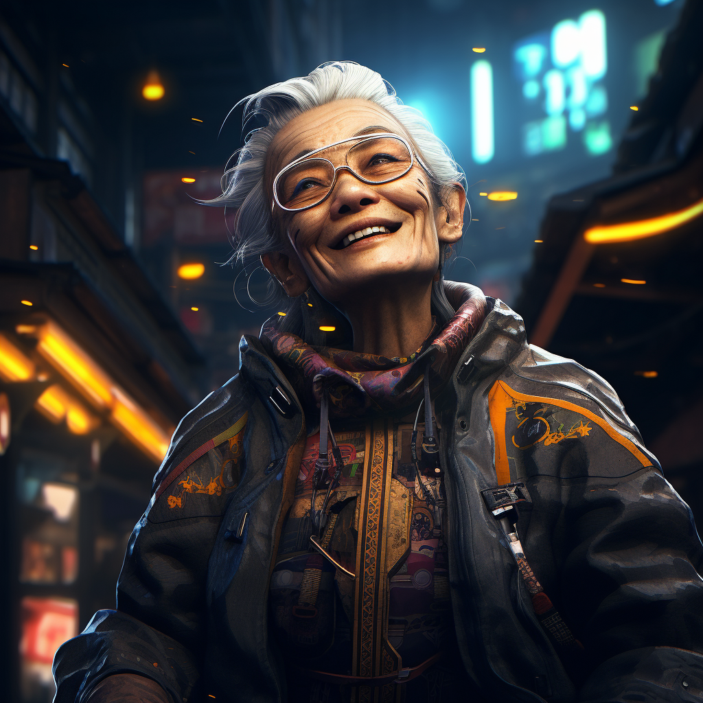 Smiling Cyberpunk Japanese Old Woman at Night