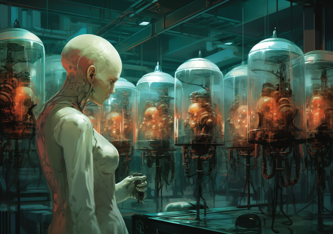 Cyberpunk laboratory human experiment with open skulls