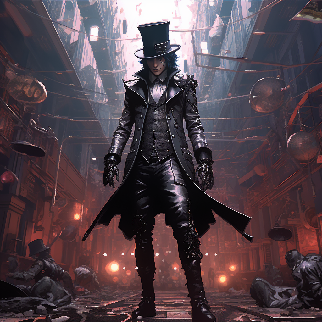 Full body view of Cyberpunk Mad Hatter