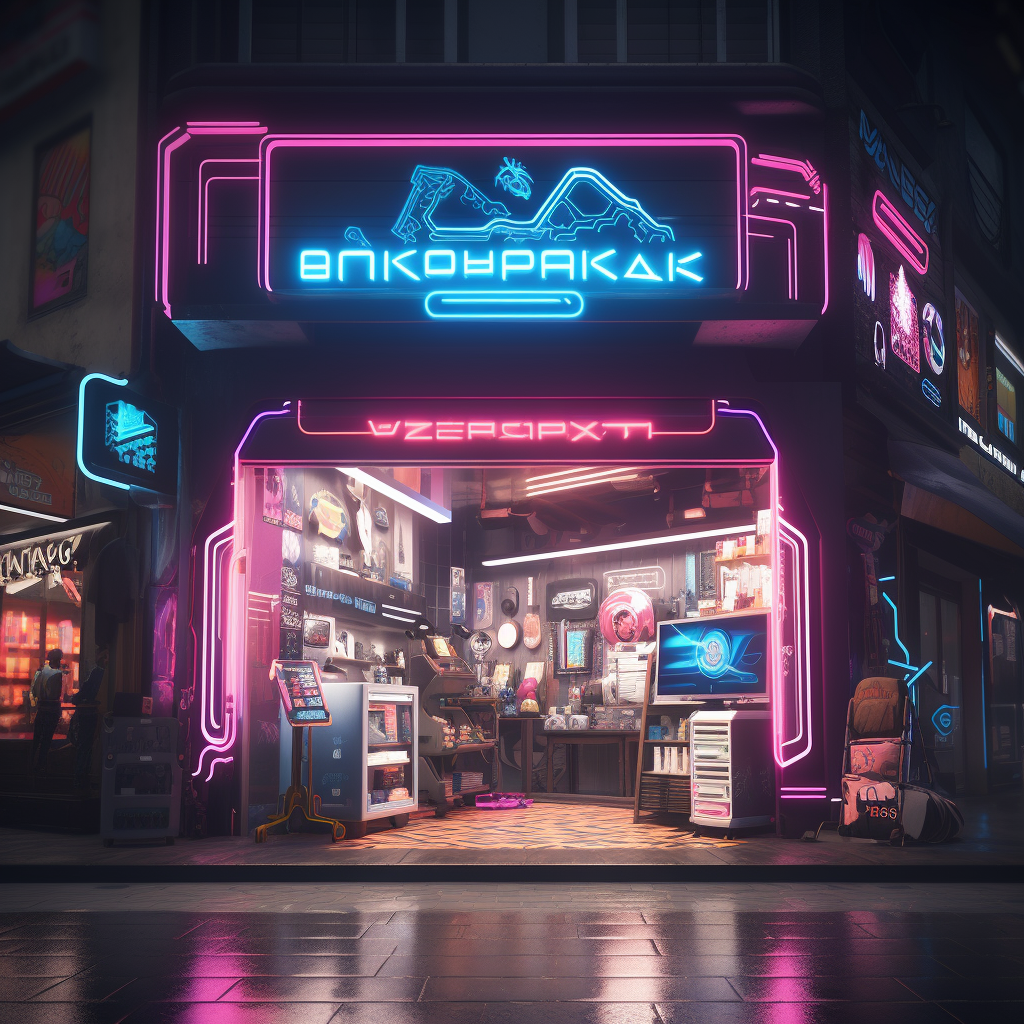 Cyberpunk marketplace with vibrant neon lights