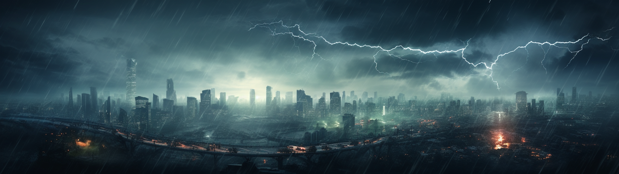 Panoramic view of cyberpunk megacity during thunderstorm