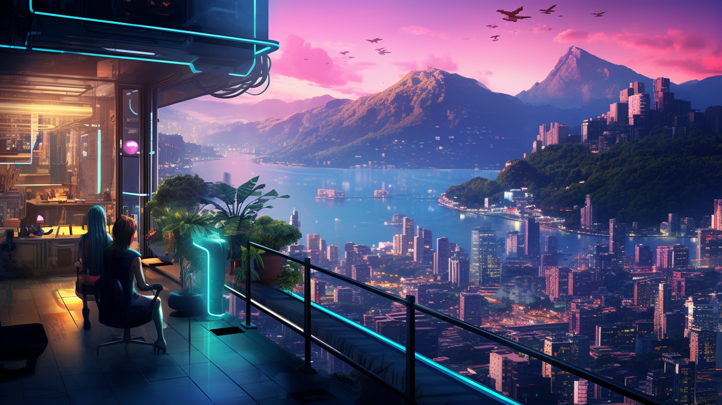 Cyberpunk Metropolis Dusk Balcony Mountains Ocean