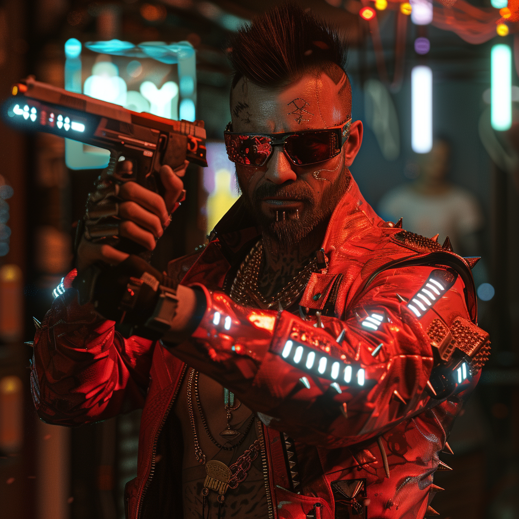 Cyberpunk Mobster with Red Jacket and Pistol