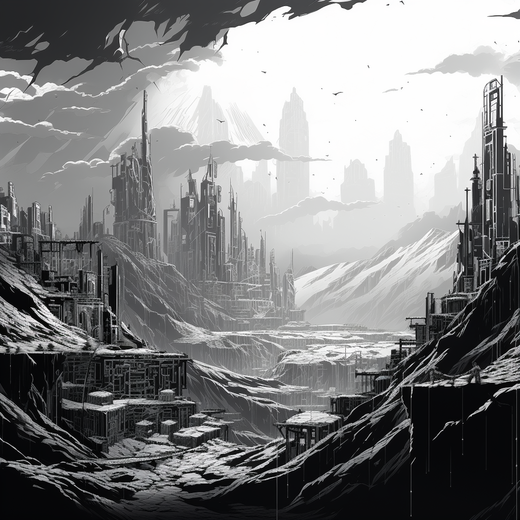 Hand-drawn black and white cyberpunk mountain skyline