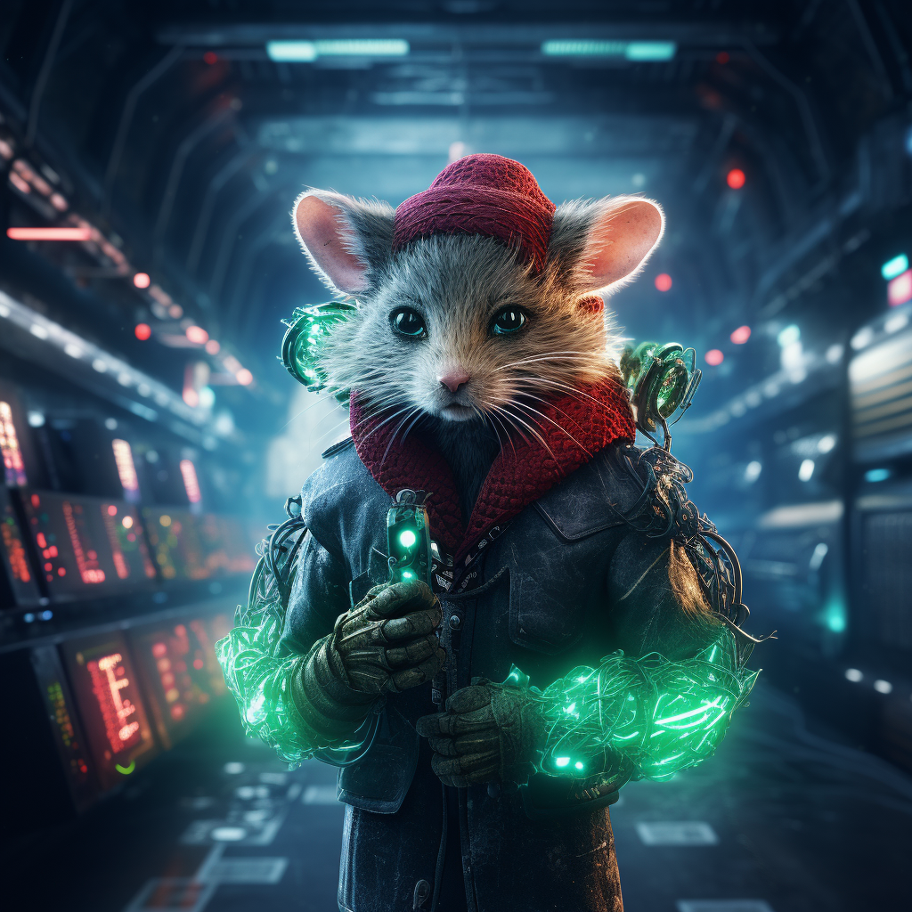 Cyberpunk mouse dressed as Grinch in data center