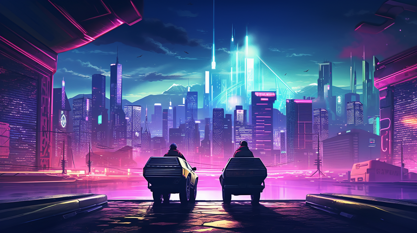 Cyberpunk Movie Night City with Men and Delorean Car