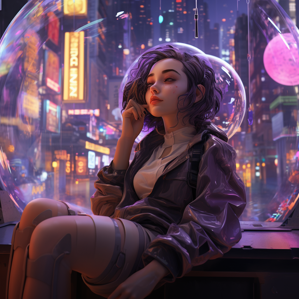 Cyberpunk girl dreaming of eggplant in neon city