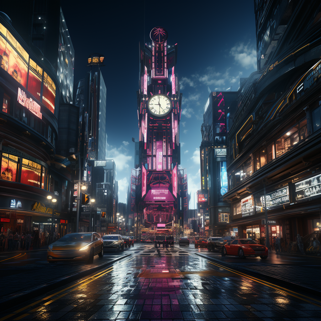 Neon clock tower in cyberpunk city