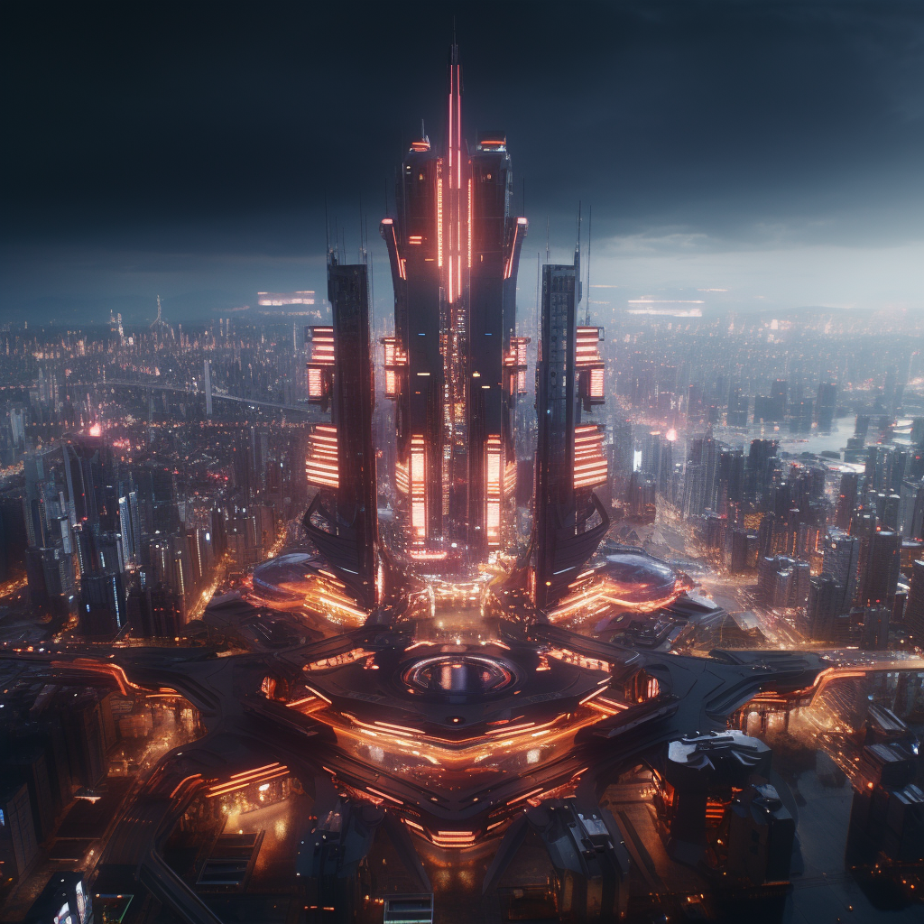 Aerial view of futuristic Cyberpunk New York City