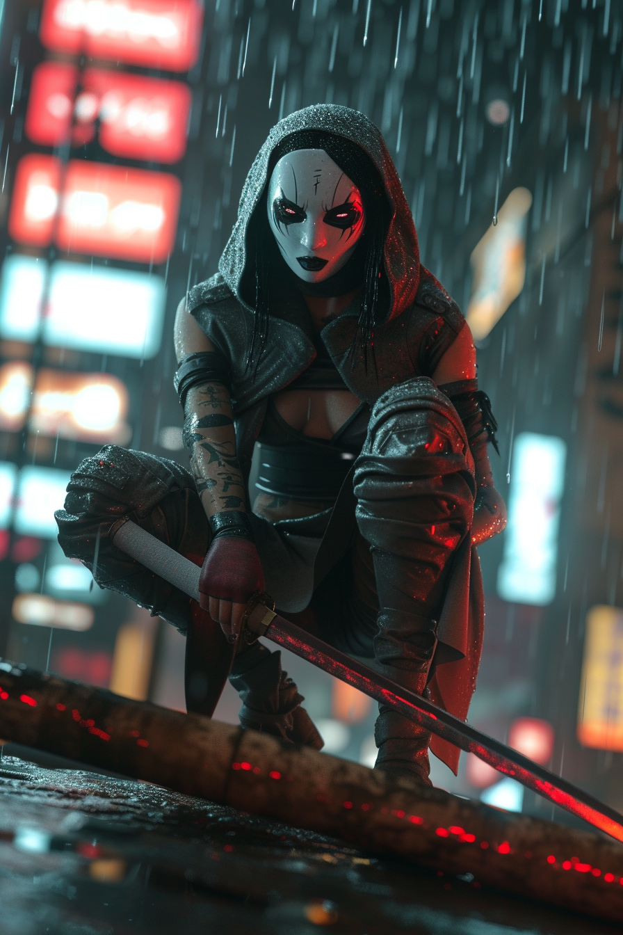 Cyberpunk Ninja Girl in Rain