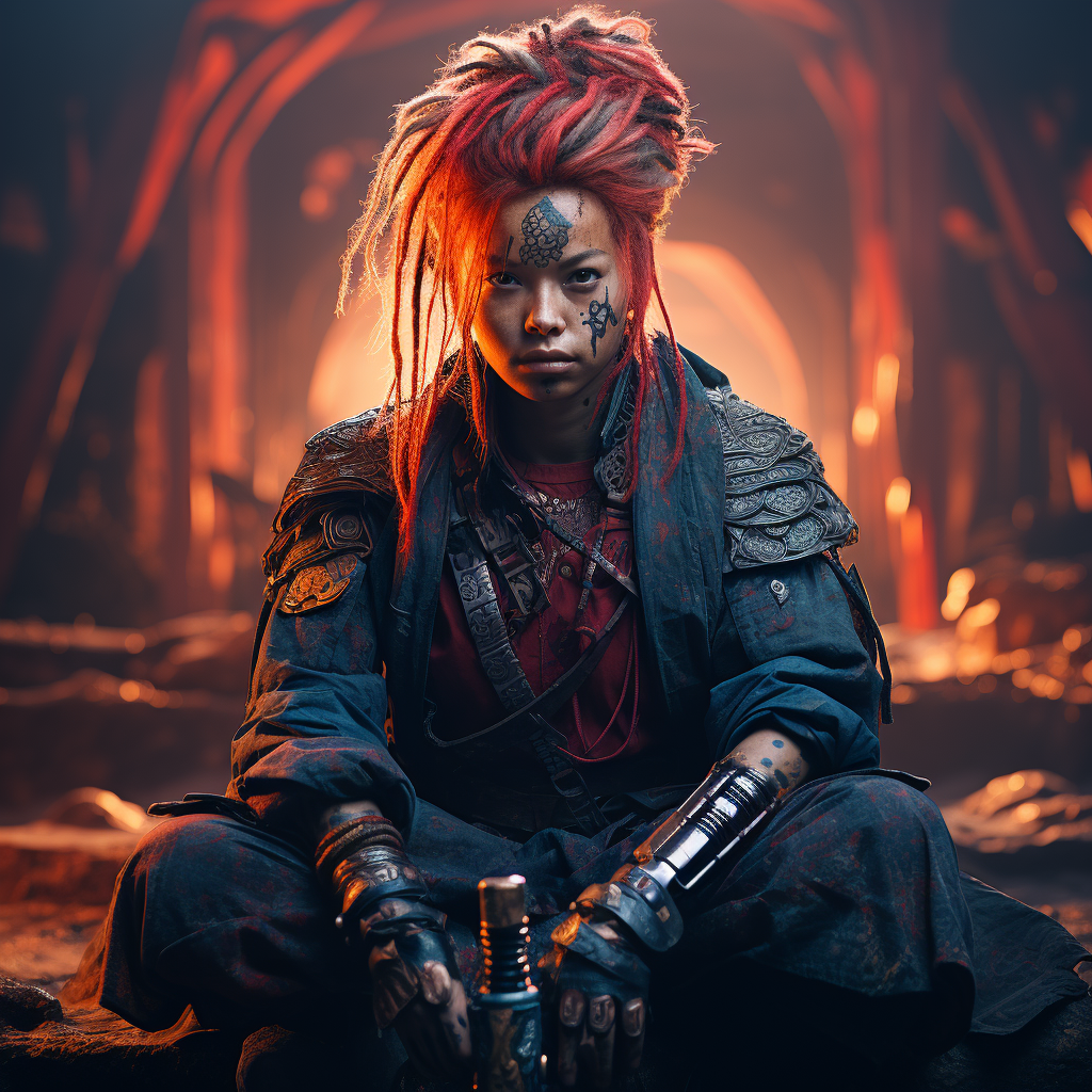 Desperate glance of cyberpunk redhead shaman with katana