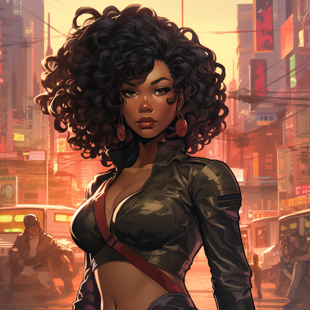 Cyberpunk anime illustration of a half Japanese and half black woman with curly hair