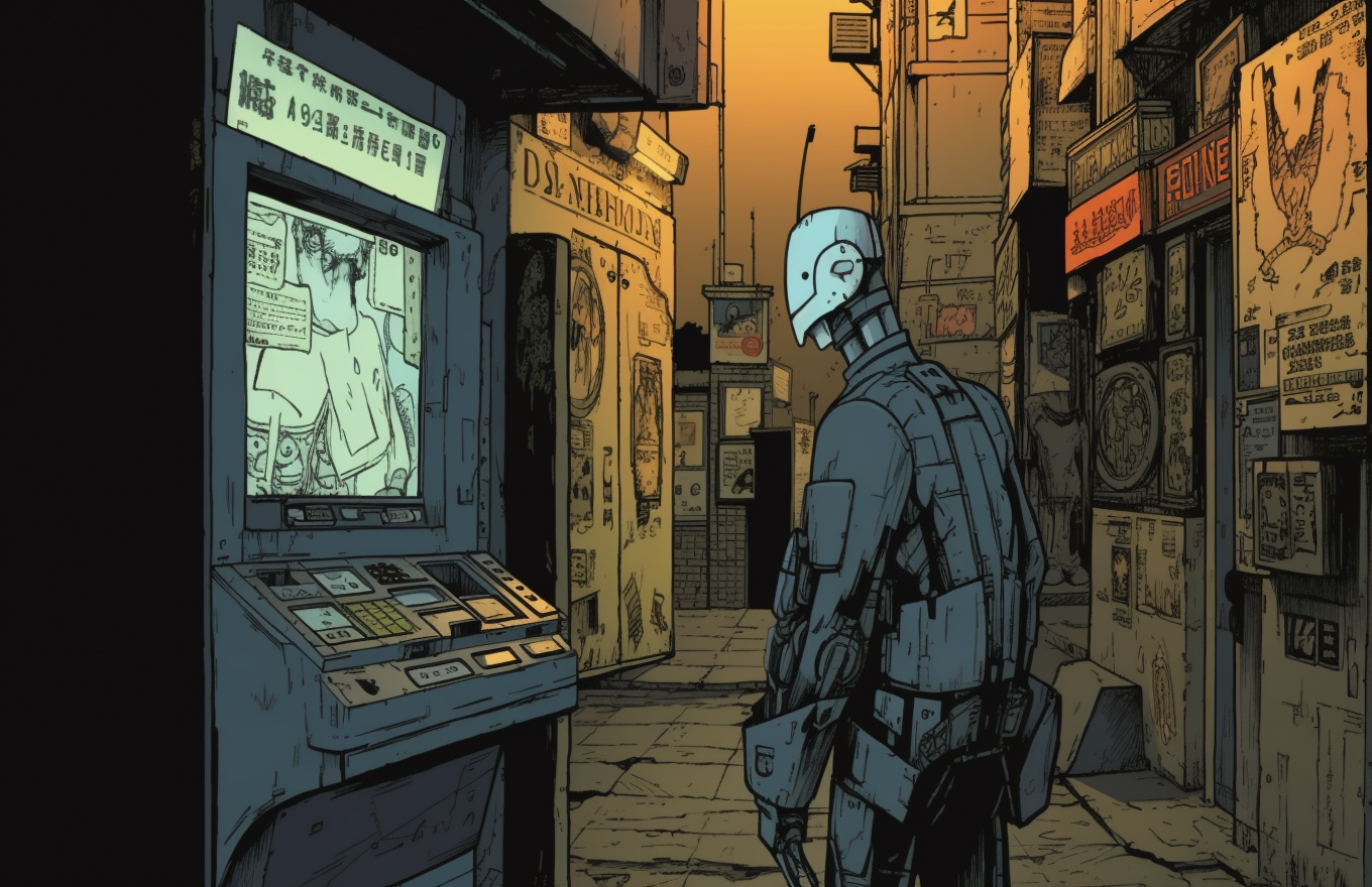 Cyberpunk robot withdrawing cash from ATM