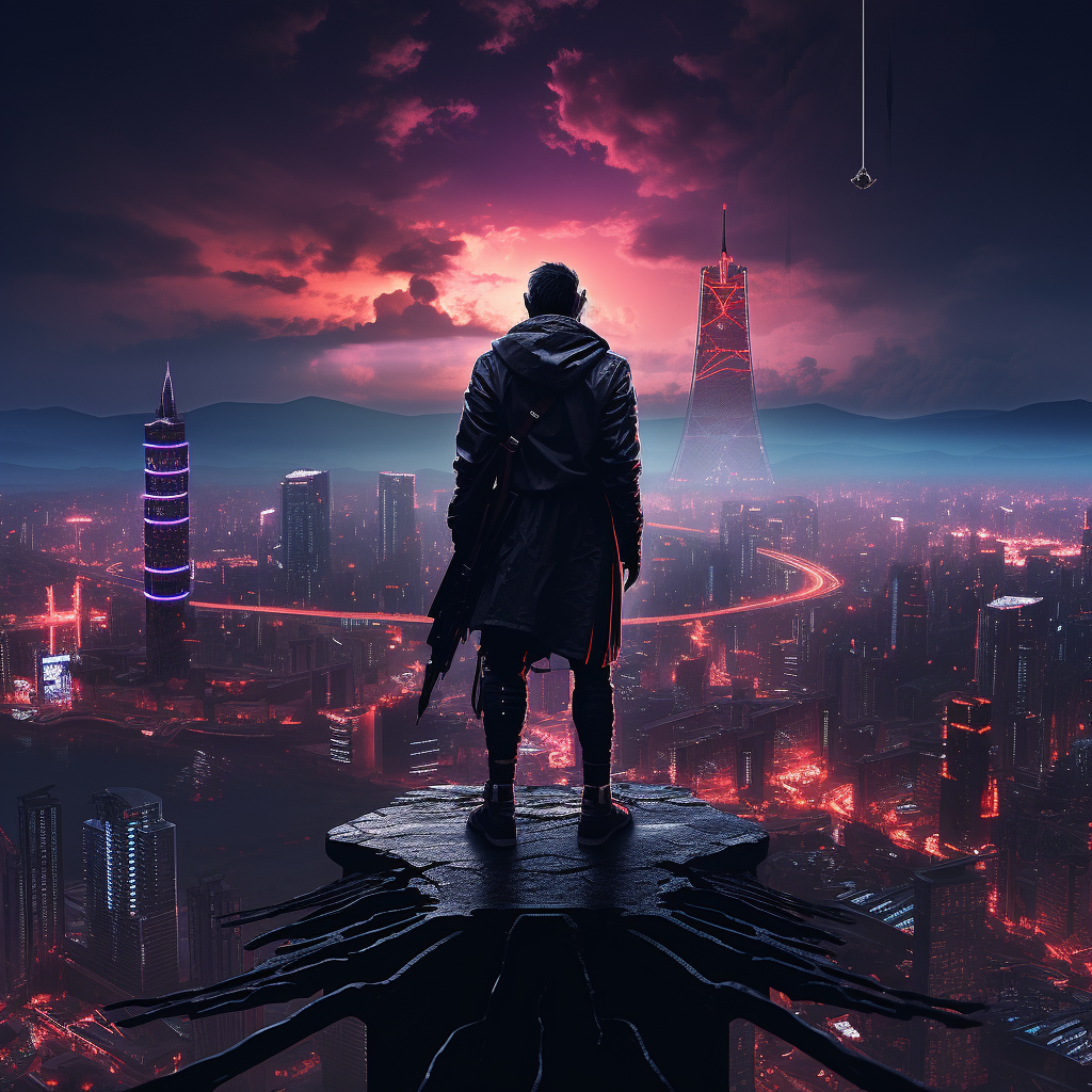 Cyberpunk samurai overlooking the city