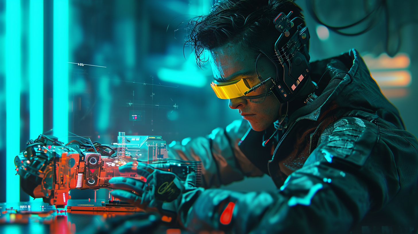 Cyberpunk scientist working with high-tech device