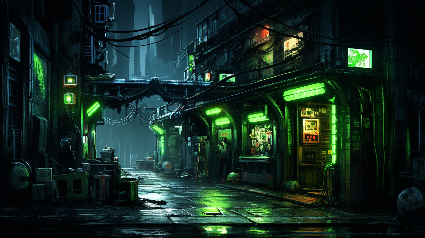 Concept art of small shop in cyberpunk city