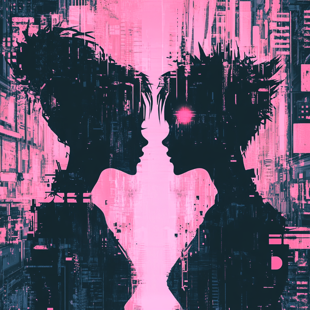 Two Androgynous Silhouettes Cyberpunk Scene