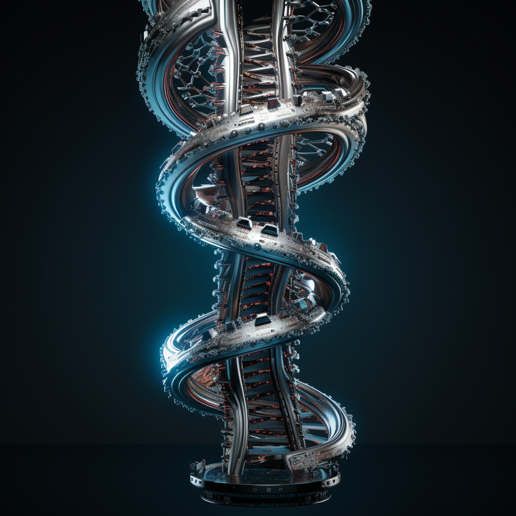 Silver Metal DNA Helix in Cyberpunk Style