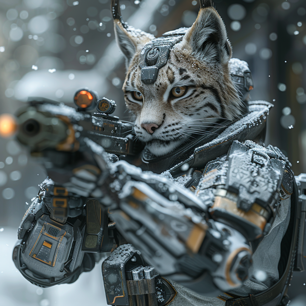 Snow lynx in cyberpunk armor