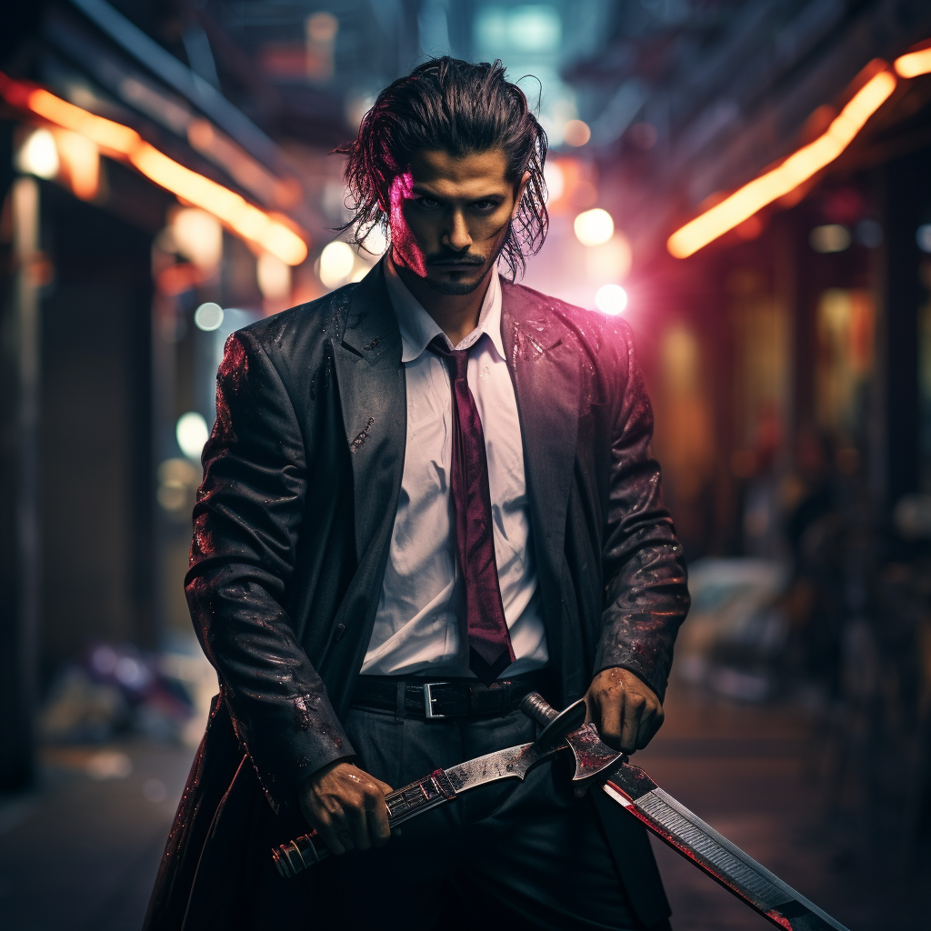 Nepali man in cyberpunk style suit with katana