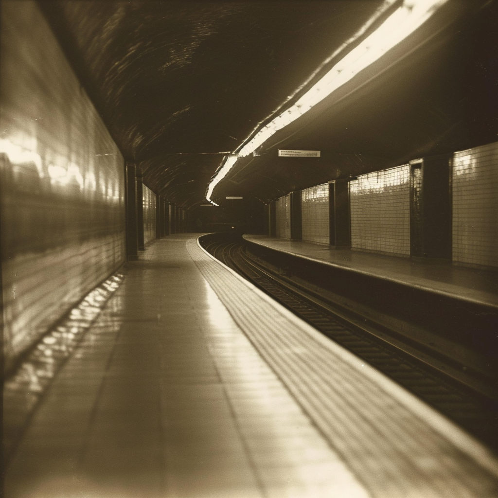 Cyberpunk subway station in grainy sepia tones