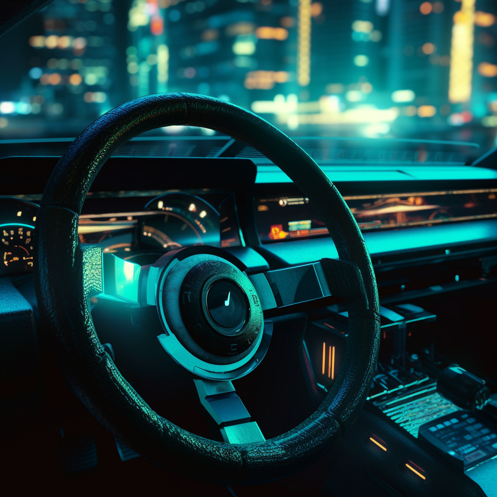 Closeup of Cyberpunk Teal Lights on Steering Wheel