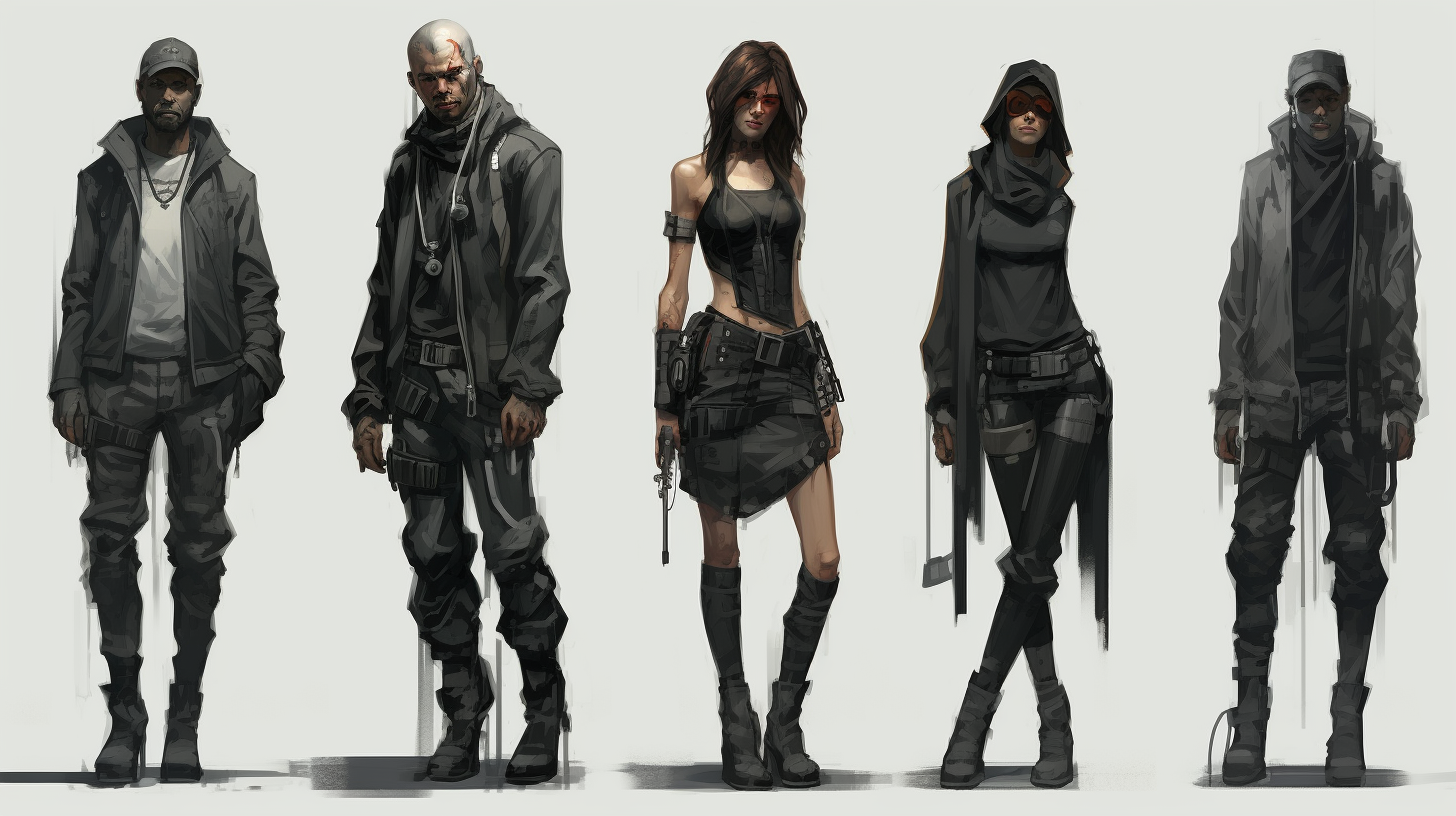 Concept art sketch of cyberpunk tech criminals