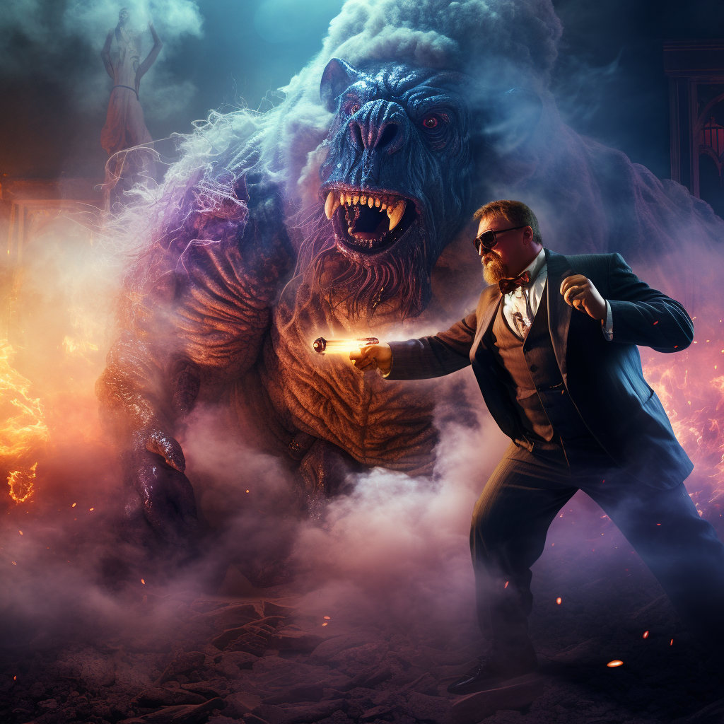 Teddy Roosevelt fighting evil in cyberpunk style