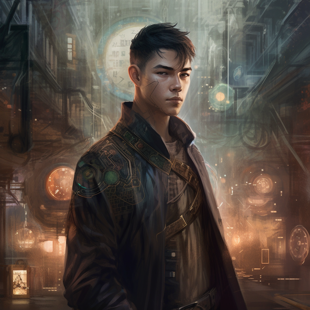 Young man manipulating time with cyberpunk influences