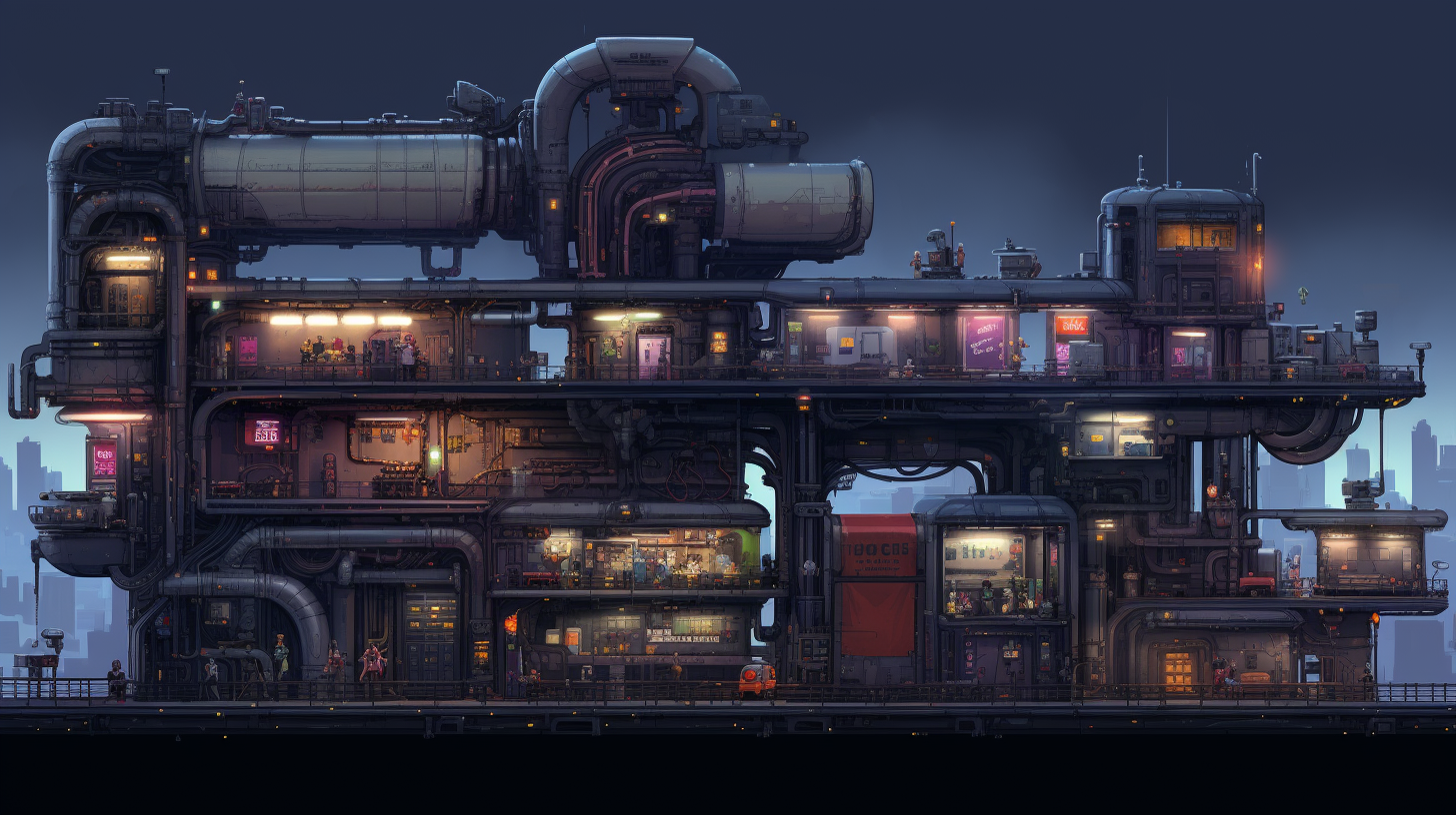 Futuristic train station in cyberpunk game