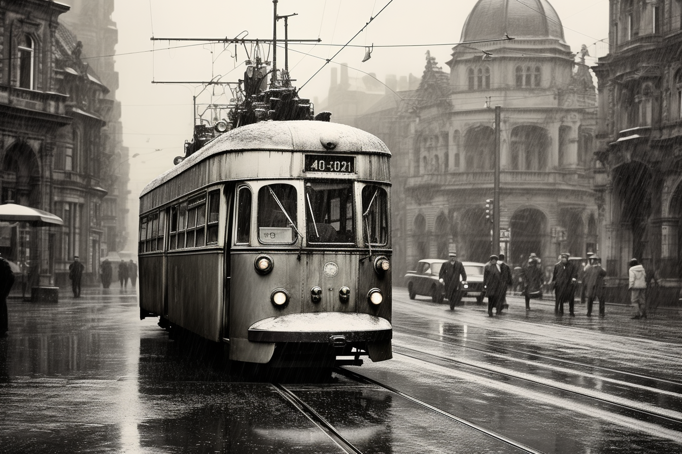 Vintage black and white photo of a cyberpunk tram on a square