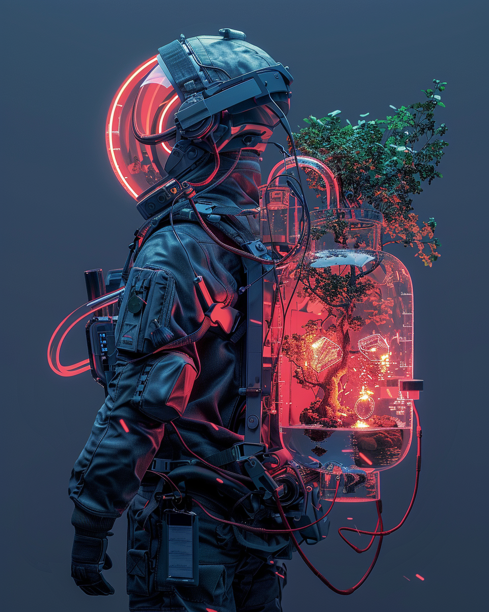 Figure with high tech helmet and glass backpack