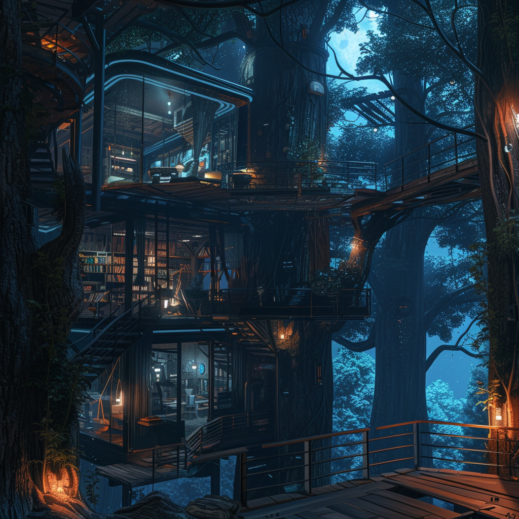 Cyberpunk treehouse in forest at night