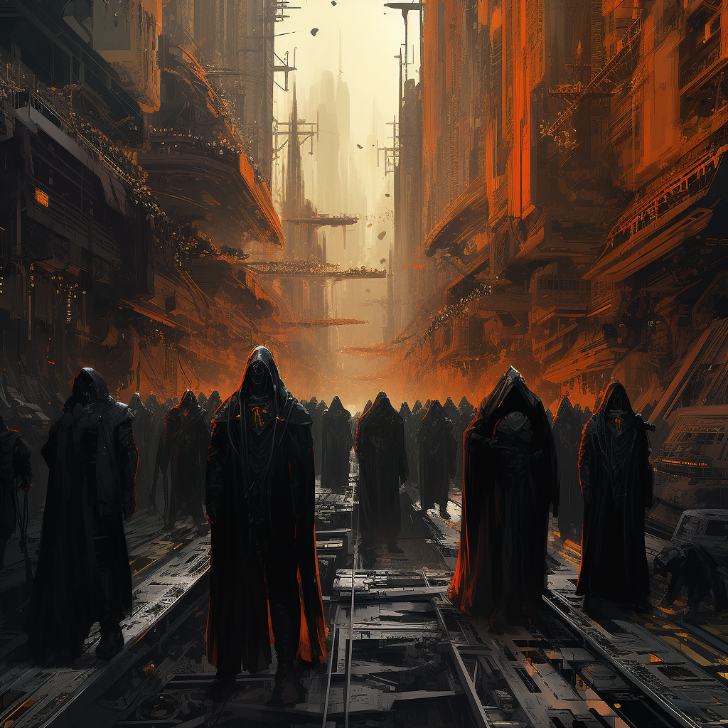 Monks marching through Cyberpunk Utopia