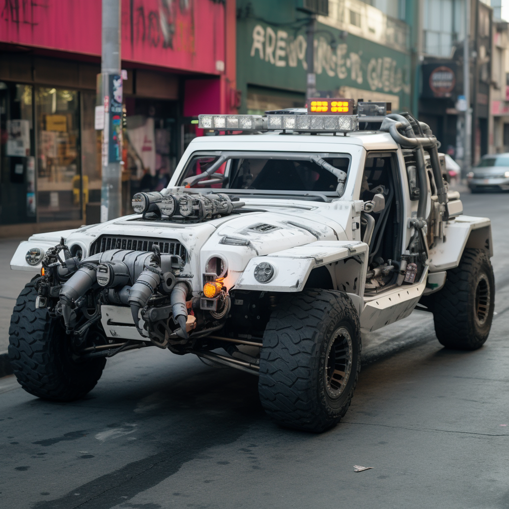 Cyberpunk white Jeep Gladiator in Downtown LA