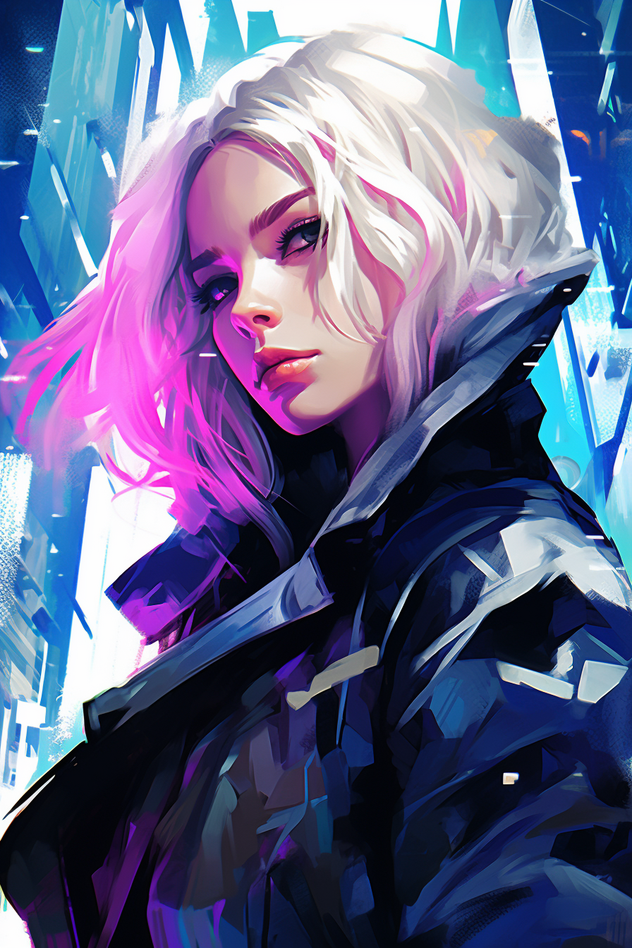 Cyberpunk woman with blond hair and blue eyes in neon city