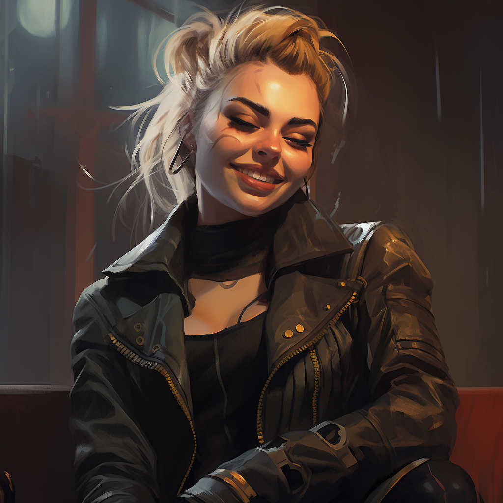 Stylish cyberpunk woman with leather coat and cyberarm