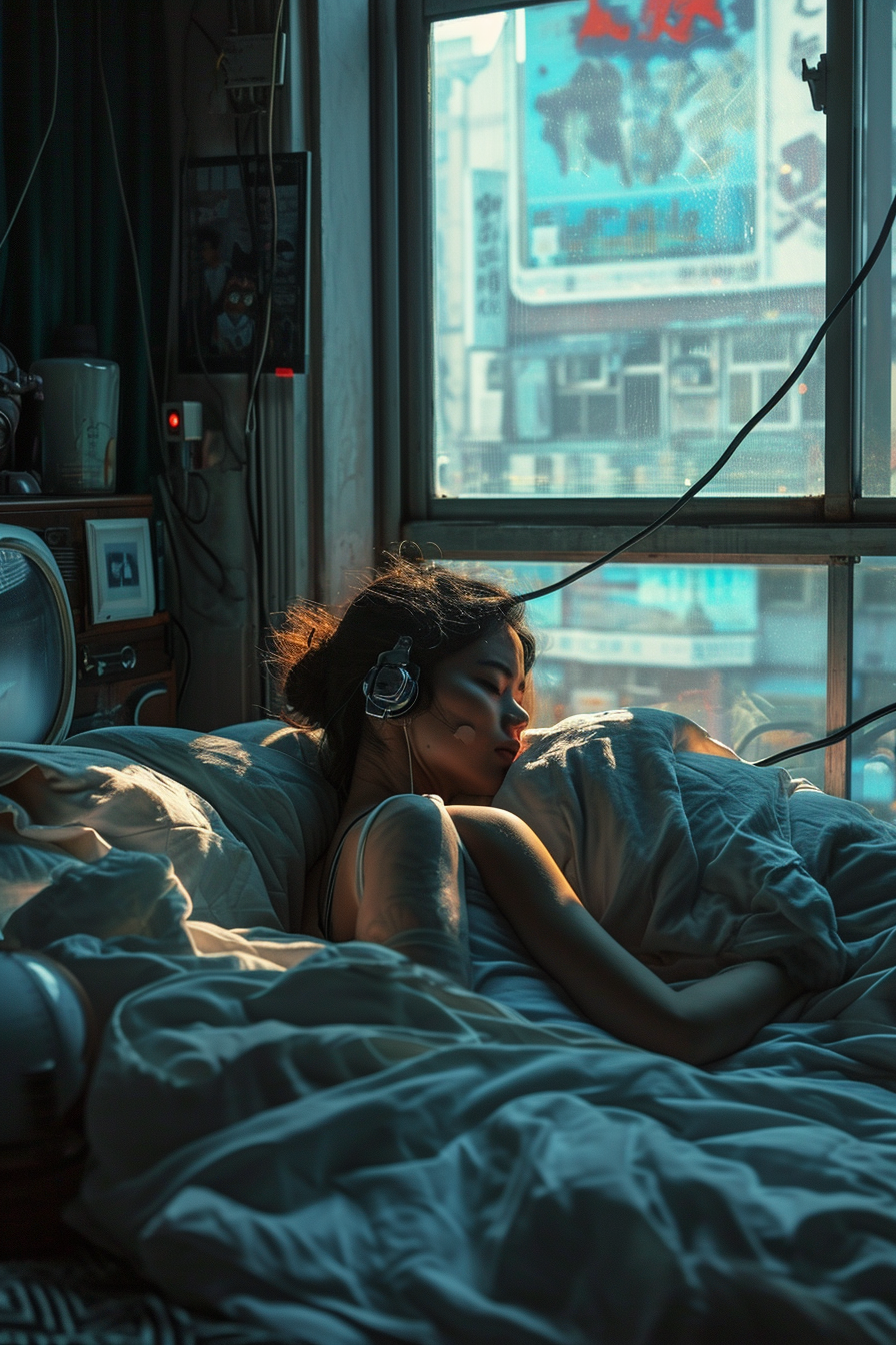 Portrait of Young Cyberpunk Woman with Sleeping Male Robot