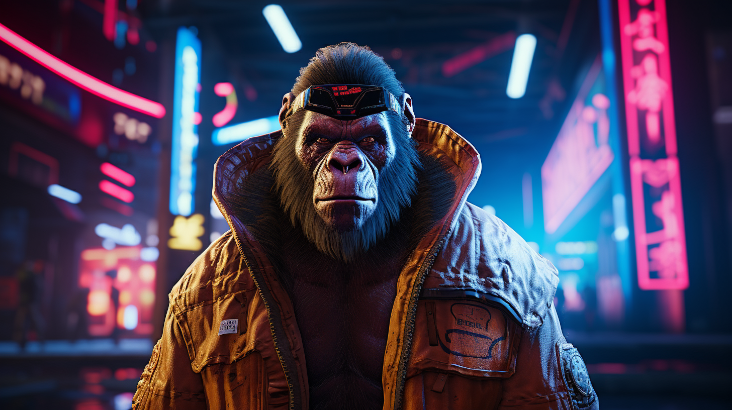 Cyberpunk ape illuminated by neon lights