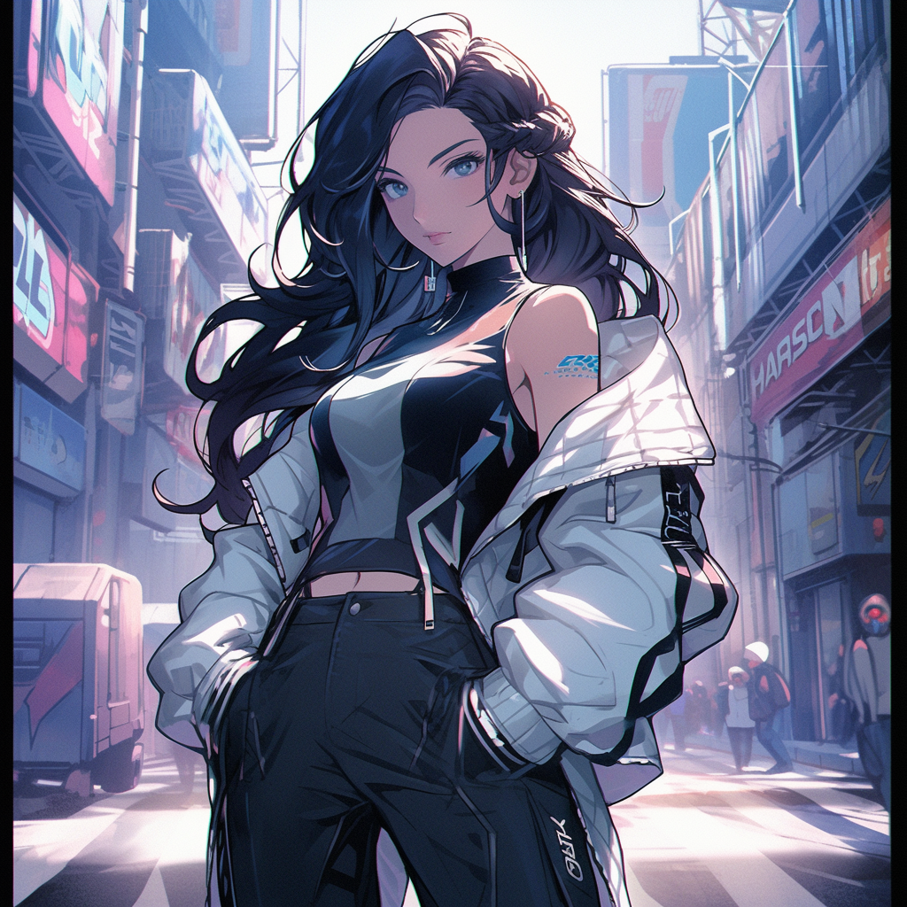 Curvaceous cyberpunk anime girl on futuristic street